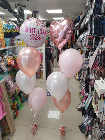 pink and white three balloon bouquets with foil birthday bitch and rose gold heart balloons