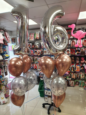 Rose gold and silver 16th birthday five balloon bouquets and helium numbers
