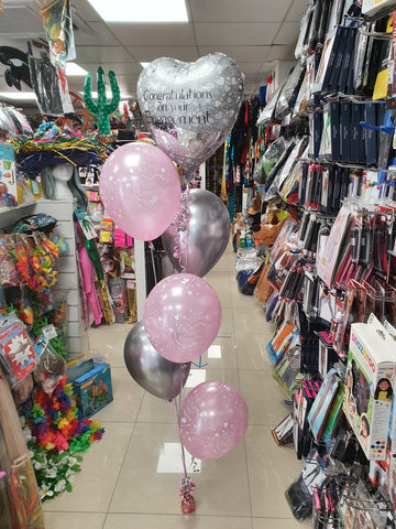 Silver and pink engagement five balloon bouquet with silver foil