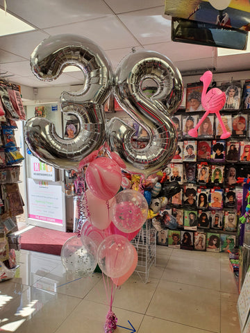 Pink and silver double number balloon bouquet