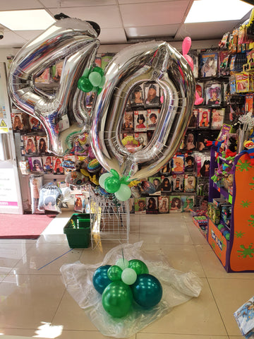 Silver and green 40th birthday double helium filled balloon bouquet