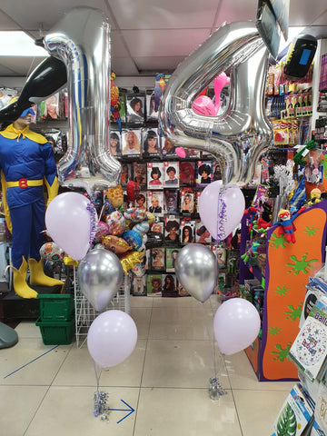 Silver and lilac three balloon bouquets with 14th birthday balloons