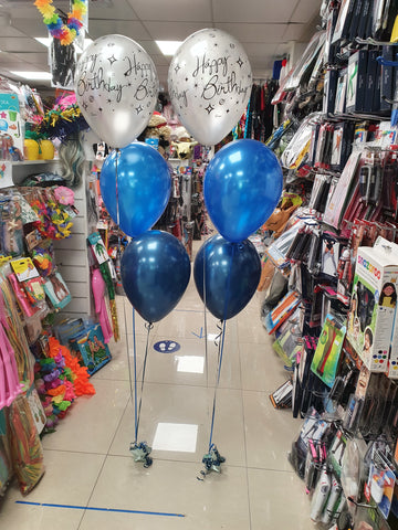 blue and silver happy birthday three balloon bouquets