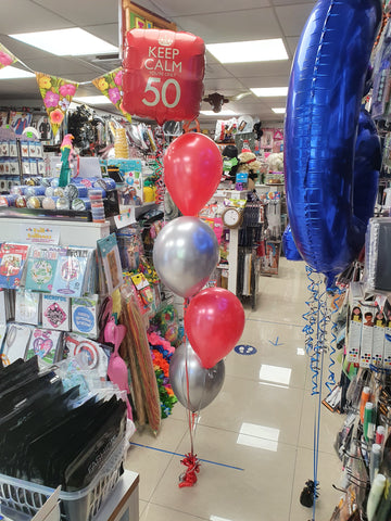 Red and silver four balloon bouquet with 50th foil