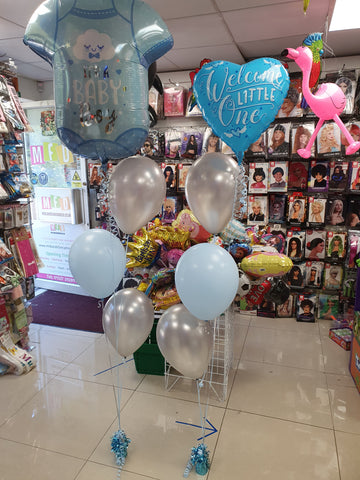 Blue and silver three balloon bouquets with it's a boy foils