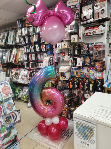 Rainbow 6th birthday simple air-filled display with Minnie Mouse balloon