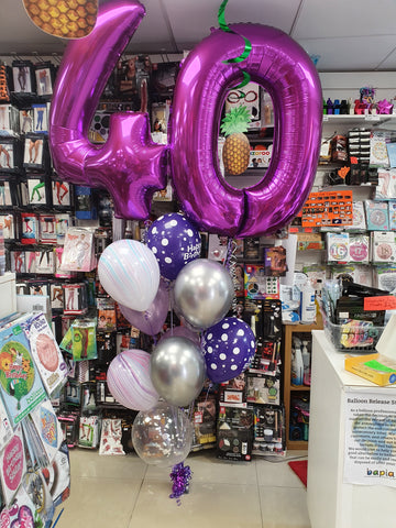 Purple and silver 40th birthday double number balloon bouquet