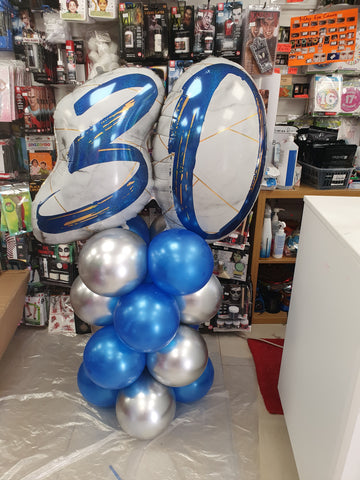 Blue and silver 30th birthday balloon column