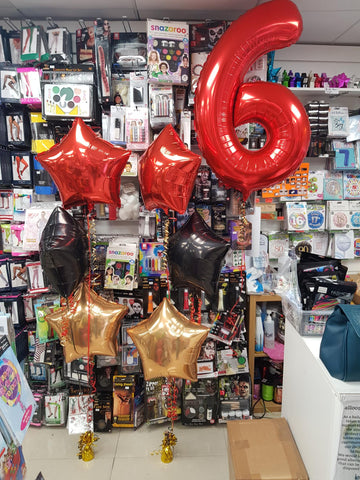 Red gold and black star three foil balloon bouquet