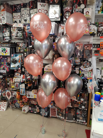 Rose gold and silver Team Bride hen night five balloon bouquets