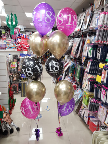 Gold black pink and purple 18th birthday five balloon bouquet