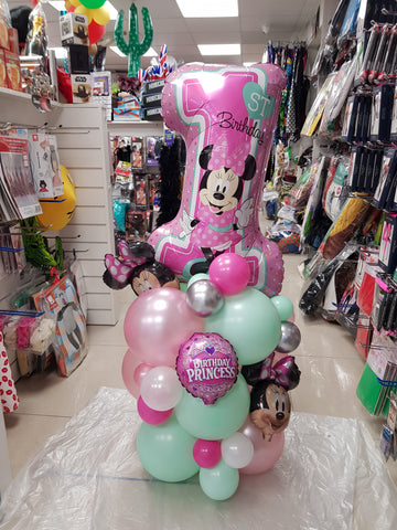 1st Birthday Minnie Mouse themed balloon stack pink turquoise