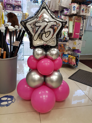 75th Birthday Balloon Pyramid in Pink & chrome silver