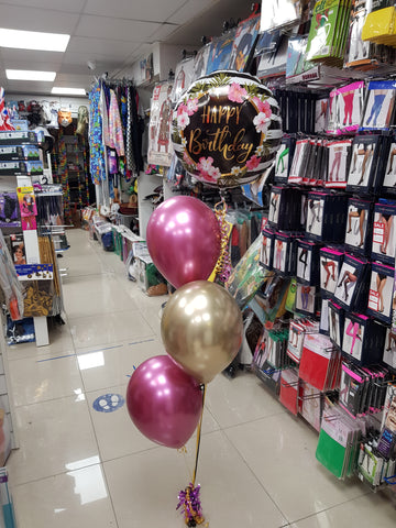 Happy Birthday pink and gold three balloon bouquet with hibiscus foil