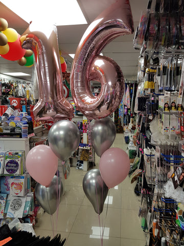 16th birthday pink & silver three balloon bouquet with numbers