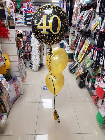 40th birthday black and gold two balloon bouquet with foil