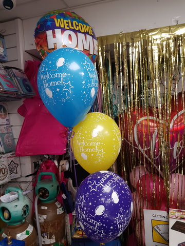Welcome Home brightly coloured three balloon bouquet with foil