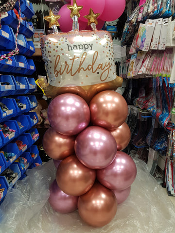 Happy Birthday rose gold and pink balloon column