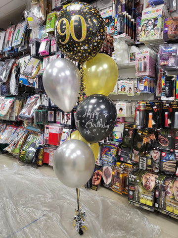 90th birthday black silver and gold five balloon bouquet with foil