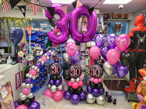30th birthday pink, silver and purple table arch, pyramids, double number balloon bouquet & three balloon bouquets