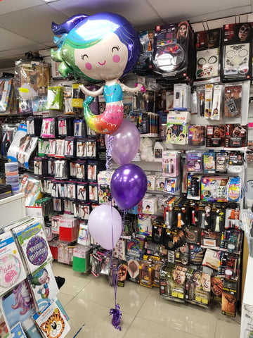 purple four balloon bouquet with mermaid foil