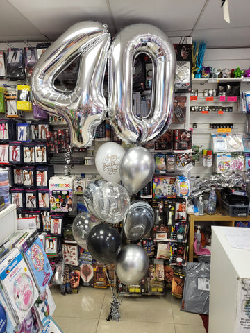 Black and silver 40th birthday double number balloon bouquet