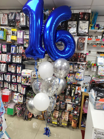 blue, white and silver 16th birthday double number balloon bouquet