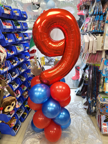 Red & blue 9th birthday balloon column