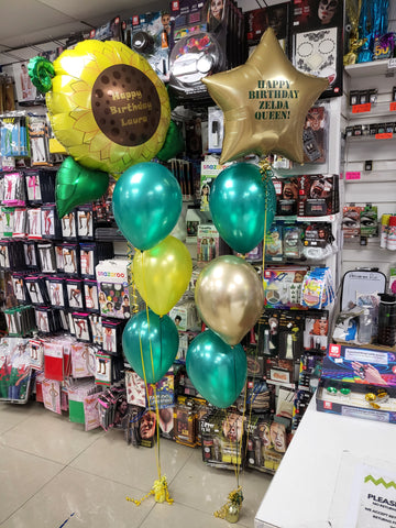 Green & gold Happy Birthday 3 balloon bouquets with personalised Sunflower and star foils
