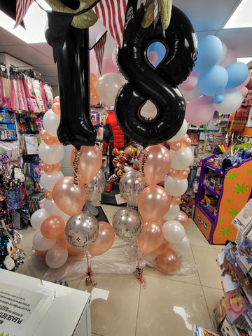 18th birthday rose gold & silver five balloon bouquets with black supershape numbers & rose gold and white deluxe air filled balloon arch