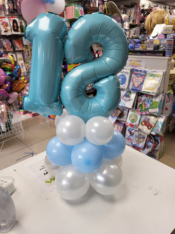 Pastel blue & white 18th birthday double number balloon centrepiece