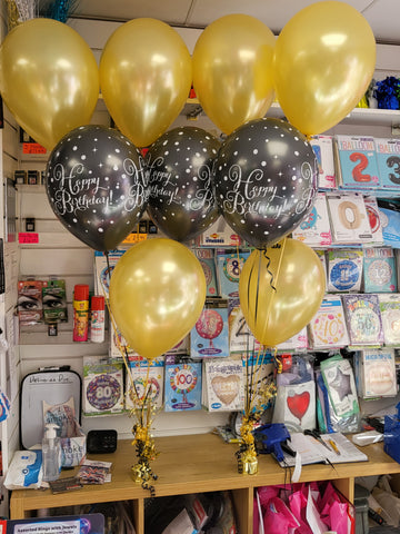 Gold and black happy birthday five balloon bouquets