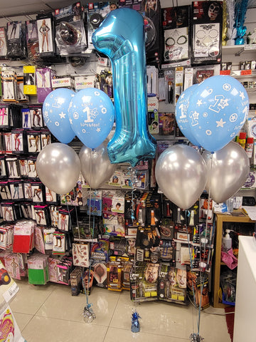Blue and silver four balloon bouquets and 1st birthday foil