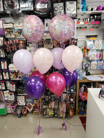 Pink and Purple Happy Birthday four balloon bouquets with foils