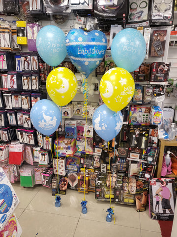 blue and yellow Baby Shower three balloon bouquets with foil