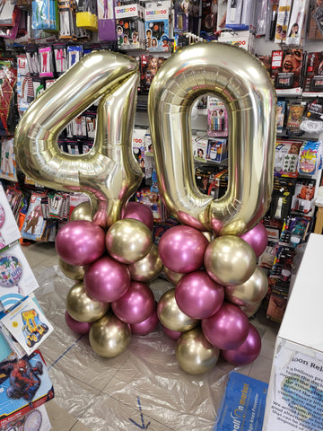 Chrome gold and fuchsia 40th birthday balloon columns