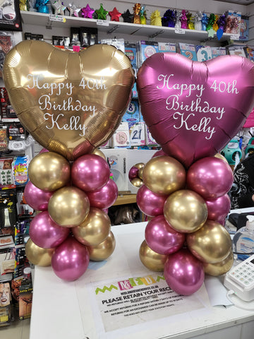 Chrome gold and fuchsia personalised 40th birthday mini balloon columns