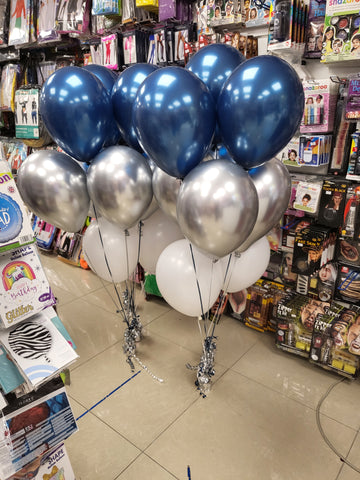 Navy blue, chrome silver and white five balloon bouquets