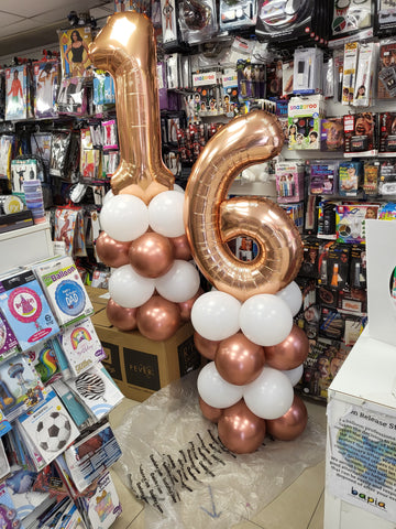 Rose gold and white 16th birthday number balloon columns