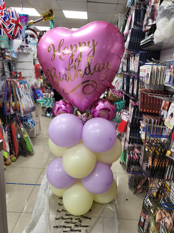 Pastel pink, lilac and yellow Happy Birthday supershape balloon column
