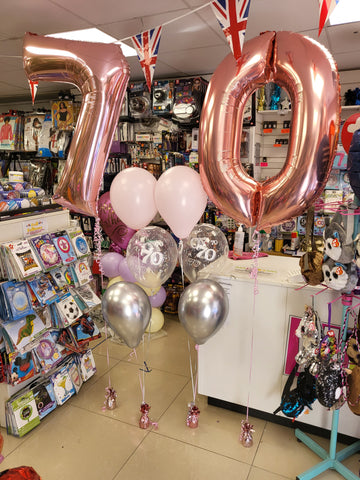 Pastel pink, clear 70th birthday & chrome silver three balloon bouquets with rose gold pink numbers