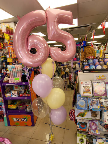 Pastel Pink, Lilac and yellow 65th birthday double number balloon bouquet