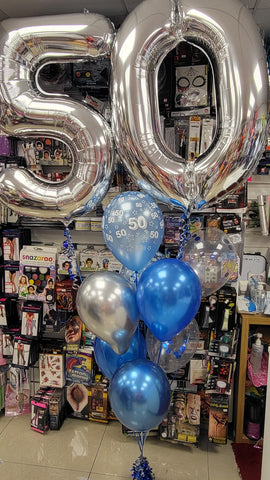 Silver and blue 50th birthday double number balloon bouquet