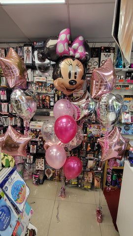 Pink and silver Minnie Mouse themed supershape balloon bouquet and two hearts & stars foil balloon bouquet