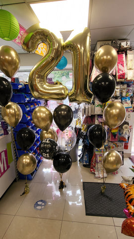 Gold and black 21st birthday 5 balloon bouquets and double number bouquet