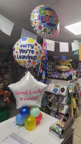 Personalised Sorry you're leaving good luck mini pyramid & foil balloons