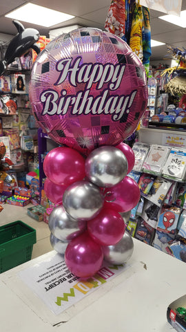 Pink and silver Happy Birthday mini column
