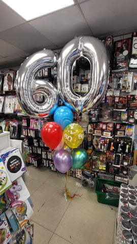Silver and rainbow 60th Double Number balloon bouquet