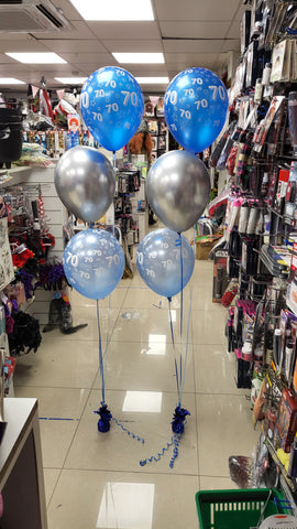 Blue and silver 70th birthday 3 balloon bouquets