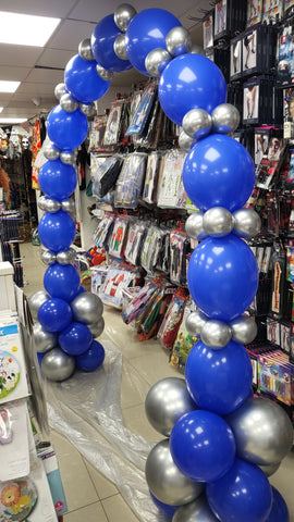 Blue and silver deluxe air-filled balloon arch